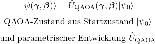 \begin{equation*}\vert\psi(\boldsymbol{\gamma},\boldsymbol{\beta})\rangle=\hat U_{\mathrm{QAOA}}(\boldsymbol{\gamma},\boldsymbol{\beta})\vert\psi_0\rangle\end{equation*}\begin{equation*}\text{QAOA-Zustand aus Startzustand }\vert\psi_0\rangle\end{equation*}\begin{equation*}\text{und parametrischer Entwicklung } \hat U_{\mathrm{QAOA}}\end{equation*}