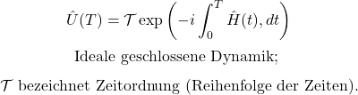 \begin{equation*}\hat U(T)=\mathcal{T}\exp\left(-i\int_{0}^{T}\hat H(t),dt\right)\end{equation*}\begin{equation*}\text{Ideale geschlossene Dynamik; }\end{equation*}\begin{equation*}\mathcal{T}\text{ bezeichnet Zeitordnung (Reihenfolge der Zeiten).}\end{equation*}