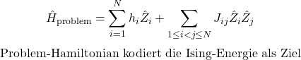 \begin{equation*}\hat H_{\mathrm{problem}}=\sum_{i=1}^{N}h_i\hat Z_i+\sum_{1\le i<j\le N}J_{ij}\hat Z_i\hat Z_j\end{equation*}\begin{equation*}\text{Problem-Hamiltonian kodiert die Ising-Energie als Ziel}\end{equation*}