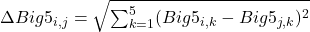  \begin{equation<em>} \Delta Big5_{i,j} = \sqrt{\sum_{k=1}^{5} (Big5_{i,k} - Big5_{j,k})^2} \end{equation</em>} 