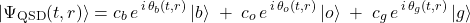  \begin{equation*} |\Psi_{\text{QSD}}(t,r)\rangle = c_b\,e^{\,i\,\theta_b(t,r)}\,|b\rangle \;+\; c_o\,e^{\,i\,\theta_o(t,r)}\,|o\rangle \;+\; c_g\,e^{\,i\,\theta_g(t,r)}\,|g\rangle \end{equation*} 