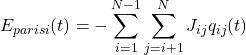 \[E_{parisi}(t) = - \sum_{i=1}^{N-1} \sum_{j=i+1}^{N} J_{ij} q_{ij}(t)\]