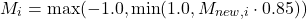 \begin{equation*}M_{i} = \max(-1.0, \min(1.0, M_{new, i} \cdot 0.85))\end{equation*}