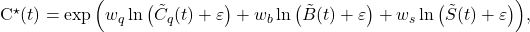 \begin{equation<em>}C^{\star}(t)=\exp \Big(w_q \ln \big(\tilde C_q(t)+\varepsilon\big)+w_b \ln \big(\tilde B(t)+\varepsilon\big)+w_s \ln \big(\tilde S(t)+\varepsilon\big)\Big),\end{equation<em>}