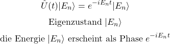 \begin{equation*}\hat U(t)\vert E_n\rangle=e^{-iE_n t}\vert E_n\rangle\end{equation*}\begin{equation*}\text{Eigenzustand }\vert E_n\rangle\end{equation*}\begin{equation*}\text{die Energie }\vert E_n\rangle \text{ erscheint als Phase }e^{-iE_n t}\end{equation*}