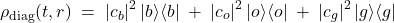  \begin{equation*} \rho_{\text{diag}}(t,r) \;=\; |c_b|^2\,|b\rangle\langle b| \;+\; |c_o|^2\,|o\rangle\langle o| \;+\; |c_g|^2\,|g\rangle\langle g| \end{equation*} 