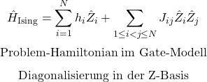 \begin{equation*}\hat H_{\mathrm{Ising}}=\sum_{i=1}^{N}h_i\hat Z_i+\sum_{1\le i<j\le N}J_{ij}\hat Z_i\hat Z_j\end{equation*}\begin{equation*}\text{Problem-Hamiltonian im Gate-Modell}\end{equation*}\begin{equation*}\text{Diagonalisierung in der Z-Basis}\end{equation*}