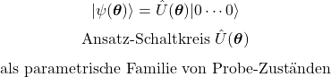 \begin{equation*}\vert\psi(\boldsymbol{\theta})\rangle=\hat U(\boldsymbol{\theta})\vert 0\cdots 0\rangle\end{equation*}\begin{equation*}\text{Ansatz-Schaltkreis }\hat U(\boldsymbol{\theta})\end{equation*}\begin{equation*}\text{als parametrische Familie von Probe-Zust&auml;nden}\end{equation*}