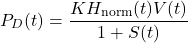 \begin{equation*}P_D(t) =\frac{KH_{\mathrm{norm}}(t) V(t)}{1+S(t)}\end{equation*}