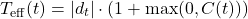 \[T_{\text{eff}}(t) = \vert{}d_t\vert{} \cdot (1 + \max(0, C(t)))\]